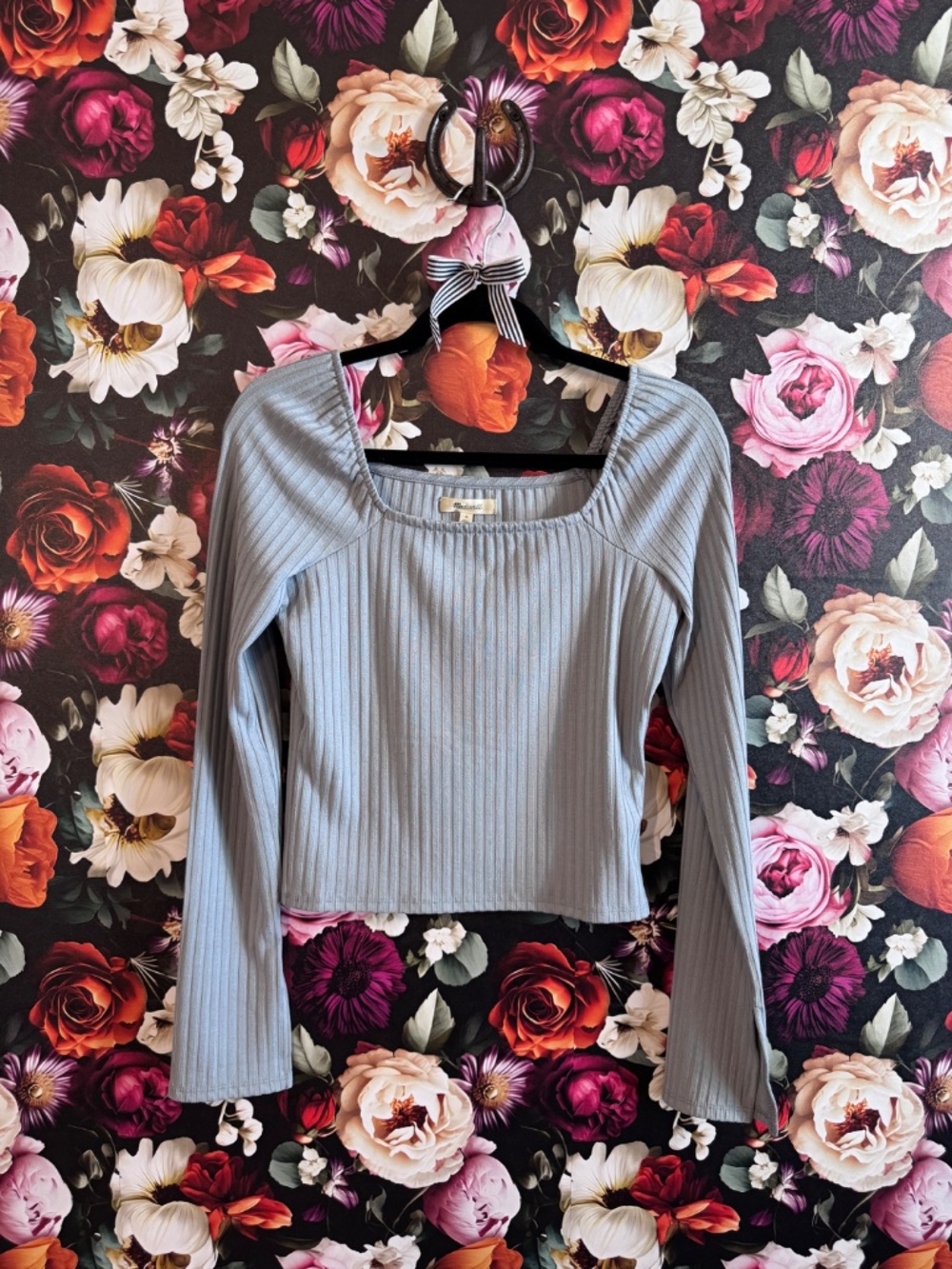 NWT, Madewell Ribbed Fitted Slate Blue Long-Sleeved Top, Off-The-Shoulder, M - Picture 7 of 12